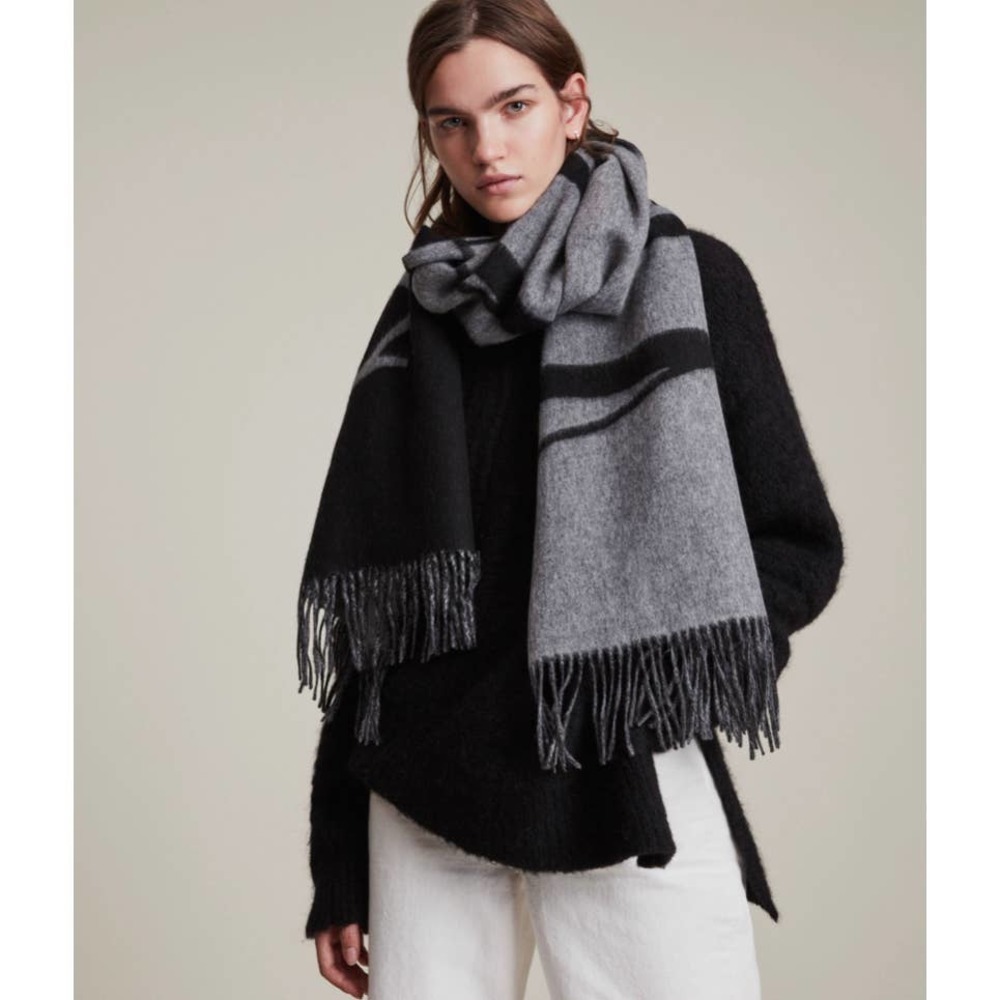 New All Saints Reversible Max Wool Logo Wool Scarf Black Gray Women's OS NWT